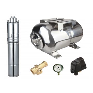 Kit complet sistem hidrofor, pompa submersibila cu surub APC 4QGD 0.37/50, rezervor de 50 litri din inox, presostat, racord 5 cai, manometru