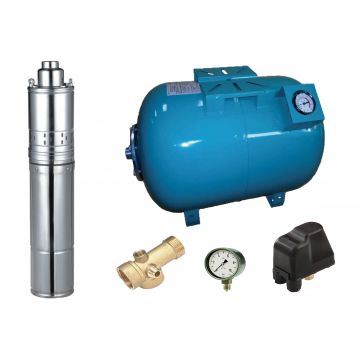 Kit complet sistem hidrofor, pompa submersibila cu surub Maxima 4QGD 0.5/100, rezervor de 100 litri cu manometru, presostat, racord 5 cai, manometru