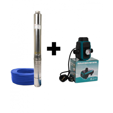 Pachet promo Pompa submersibila de mare adancime, DDT, 4SDM3-20, 2500 W, 20 turbine, 12 m  ³ h Inox, 30 m cablu + Presostat electronic inteligent digital reglabil DDT